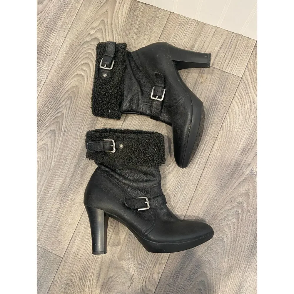 Anne Klein Boots Women's 8.5 Black Leather Ankle Shearling Side, Preppy